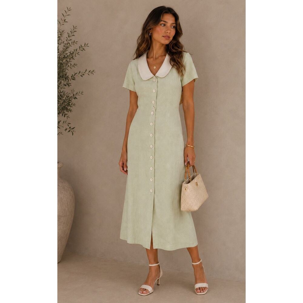 Maggy London 100% Linen Midi Dress Mint Green Peter Pan Collar Size 10 Old Money